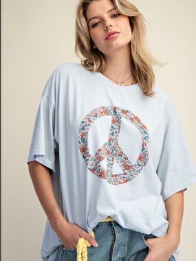 875 ❤️ EASEL sky MINERAL WASHED PEACE PRINT TOP